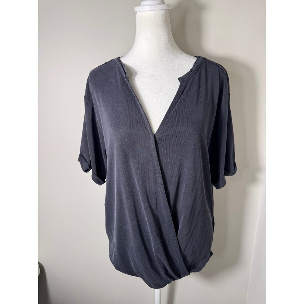 Saturday Sunday Charcoal Grey Wrap Front Short Sleeve Top Women's Size M